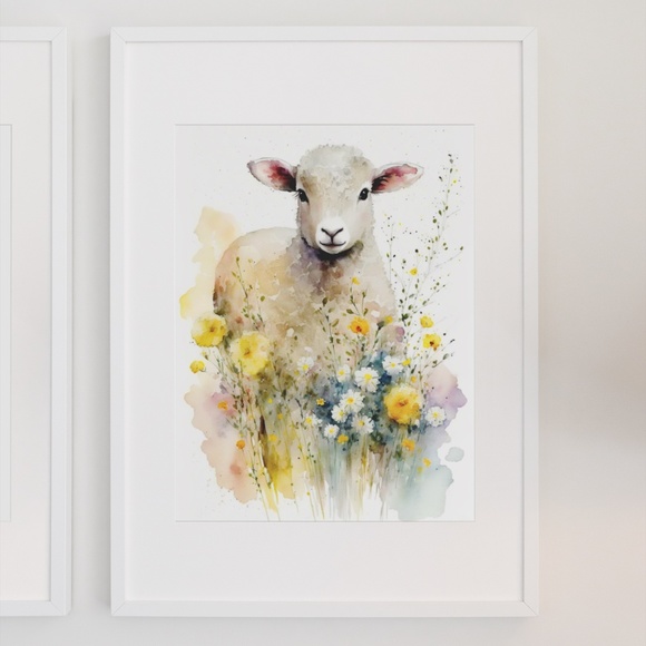 Watercolor Cute Floral Sheep Lamb Wall Art Illustration Print Poster Unframed - Picture 3 of 6
